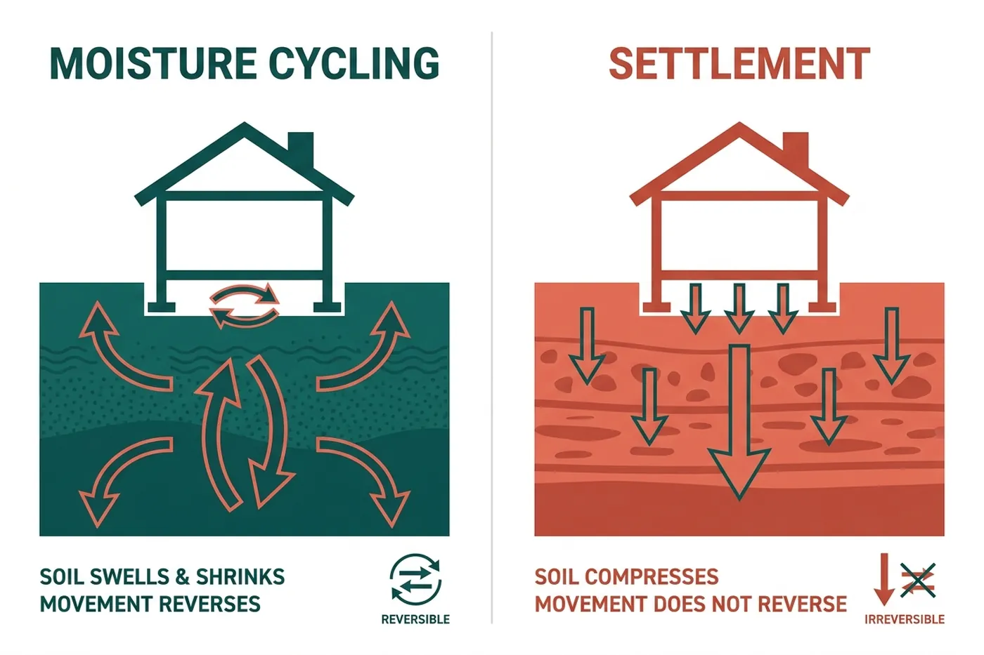 Diagram: moisture-driven clay movement compared with displacement along a surface fault