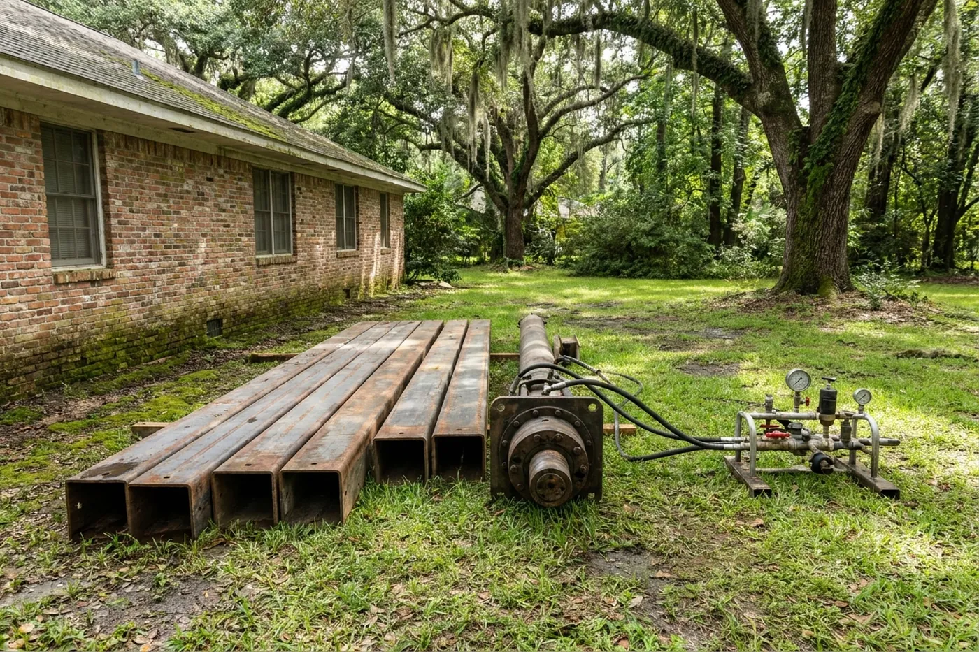 Steel pier sections and hydraulic drive head staged beside a Baton Rouge foundation
