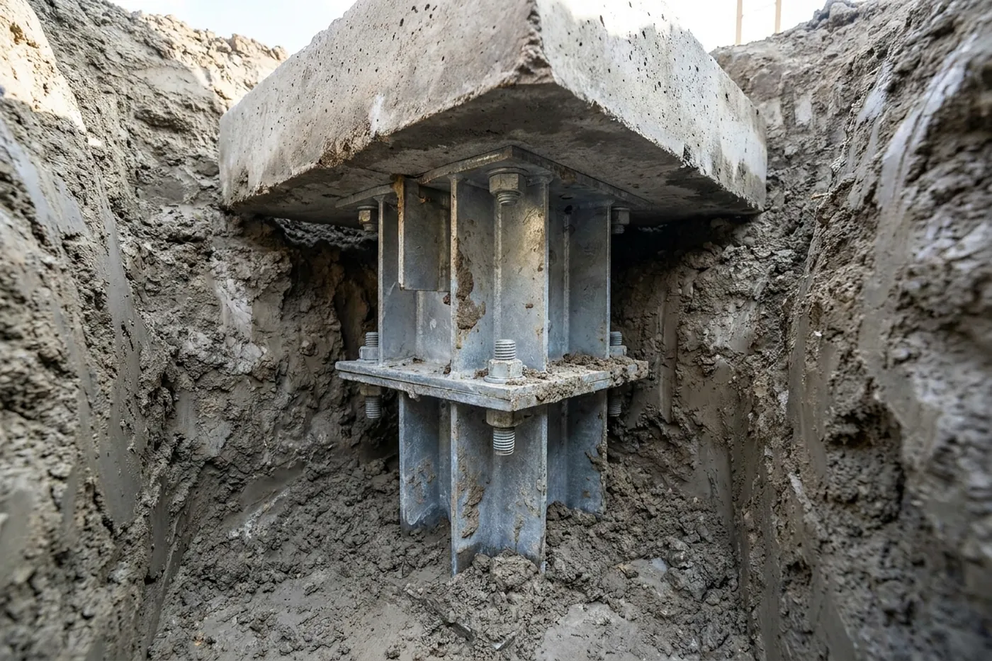 Pier bracket installed under a footing on a Baton Rouge slab foundation